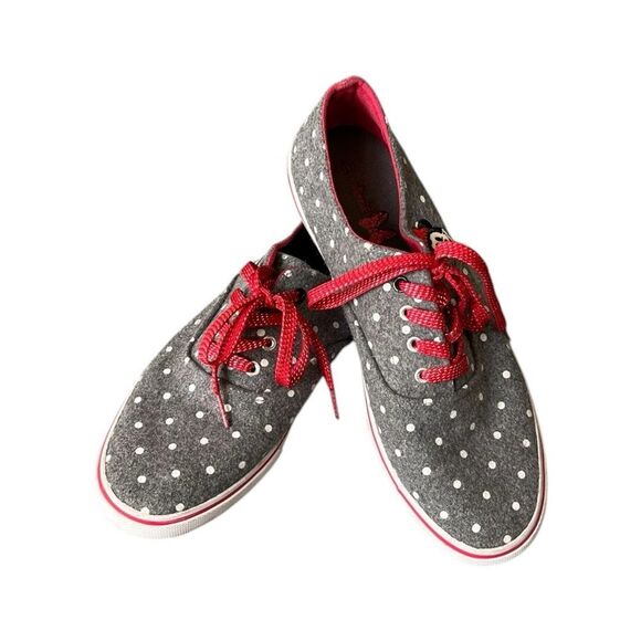 Gray Polka Dot Sneakers with Red Laces & Minnie Mouse - Size 10 - Picture 1 of 5